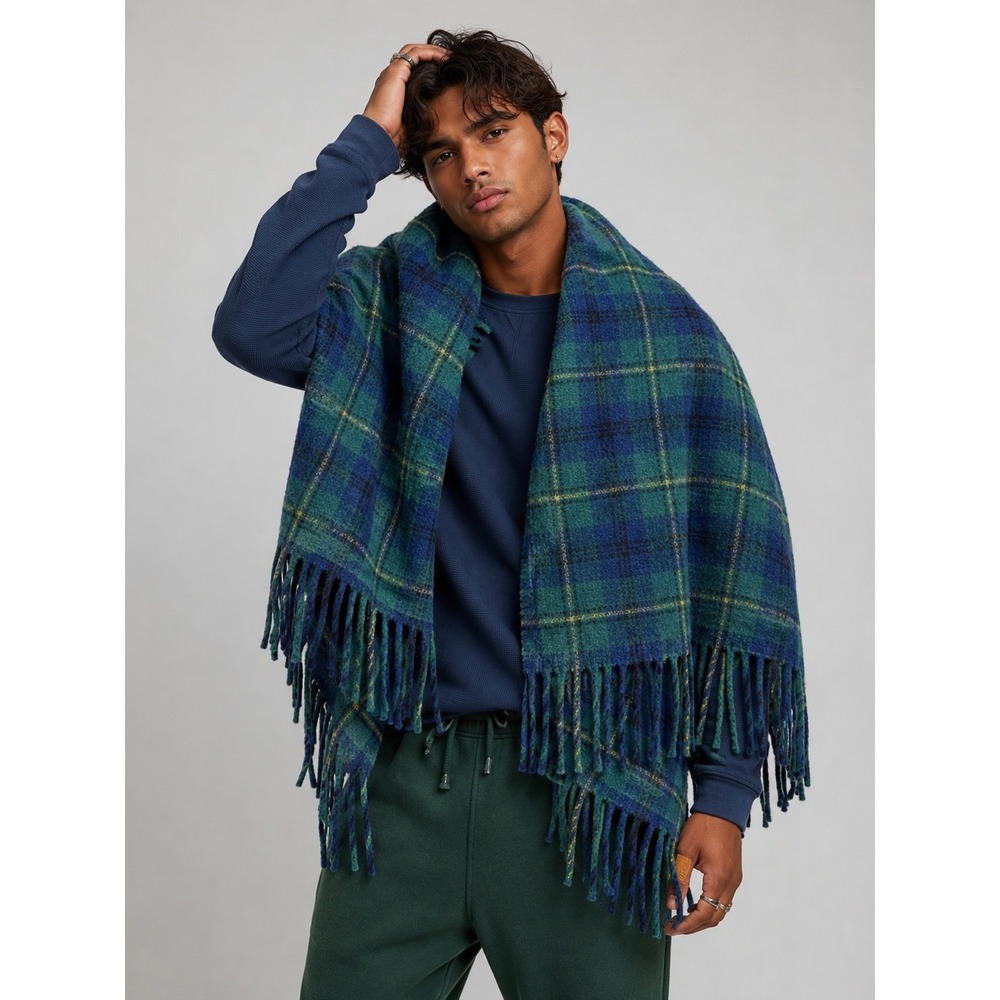 Uniqlo x JW Anderson Tartan Plaid Oversized Scarf Green Blue Wool Blend 40x56